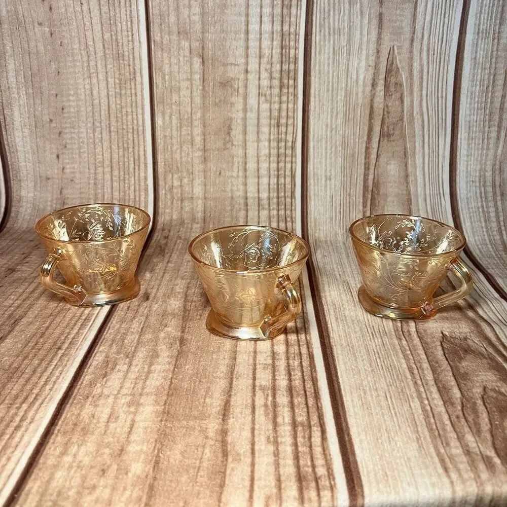 Vintage Jeannette Glass Floragold Tea Coffee Cups Louisa Pattern Set of 3